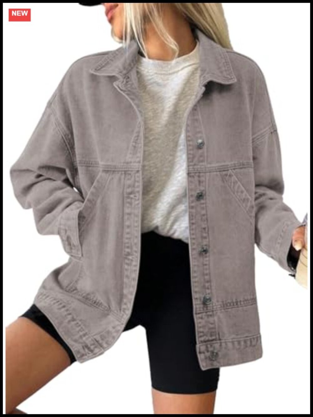 SHEWIN Denim Jacket Cotton Blend Button Front Long Sleeve Casual Coat